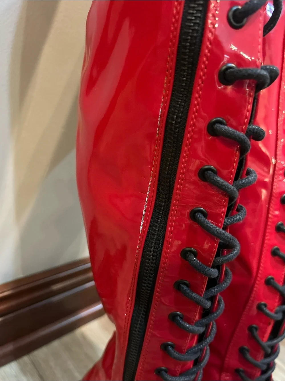 Demonia Emily-375 Red Patent Knee High Platform Lace Up Boots Womens 12